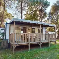 Mobil-home bois dans un camping arboré.