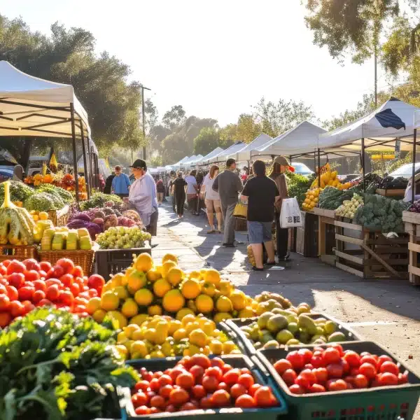 Marché en plein air avec fruits et légumes.