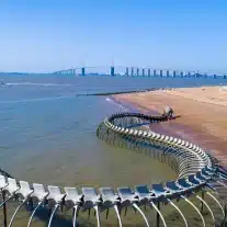 Squelette serpent géant sur plage, pont en arrière-plan.