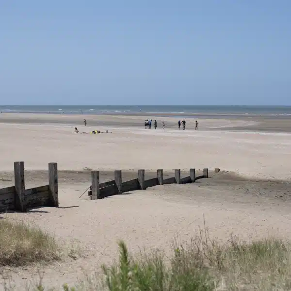 Plage de sable, mer paisible à l'horizon.