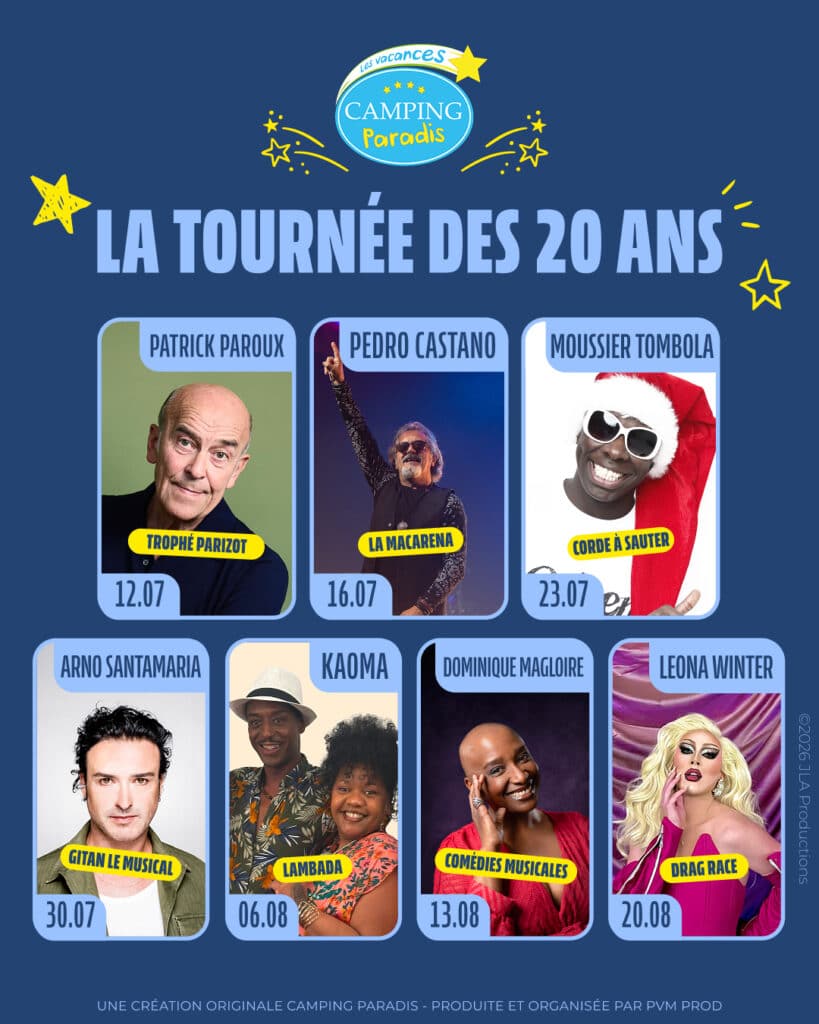 Affiche tournée 20 ans Camping Paradis.